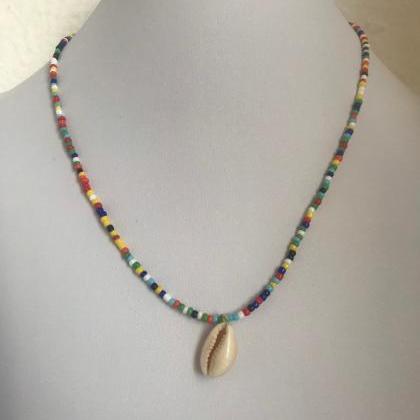 Shell Necklace 359- Colorfully Beaded Shell..
