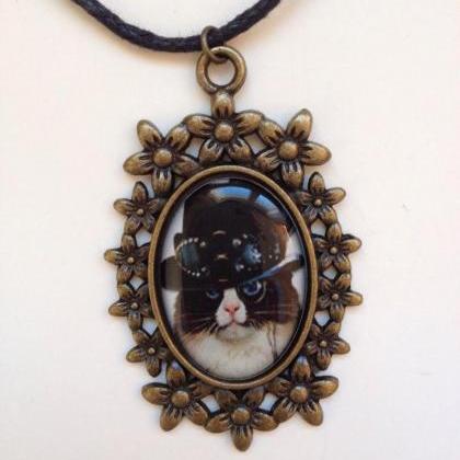 Cat Necklace 163- Cat Vintage Pendant Image Waxed..