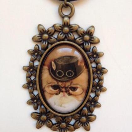 Vintage Pendant Necklace 159- Cat Image Waxed..