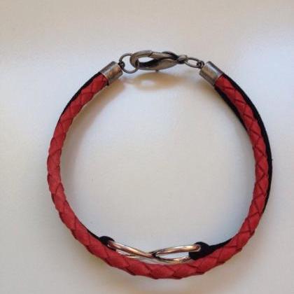 Men Bracelet 166- Red Leather Braid Black Faux..