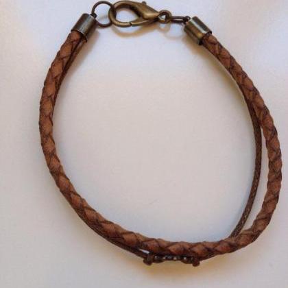 Men Bracelet 183- Leather Braid Brown Gear Charm..