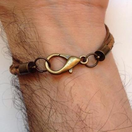 Men Bracelet 183- Leather Braid Brown Gear Charm..