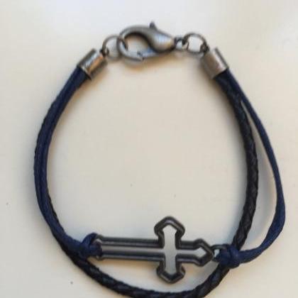 Cross Men Bracelet 223- Leather Braid Black Blue..