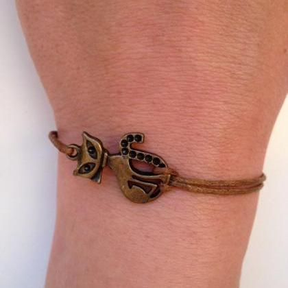 Cat Bracelet 125- Friendship Bronze Charm Waxed..