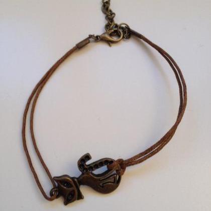Cat Bracelet 125- Friendship Bronze Charm Waxed..