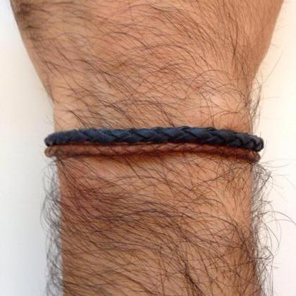 Men Bracelet 153- Leather Braid Blue Brown Trendy..
