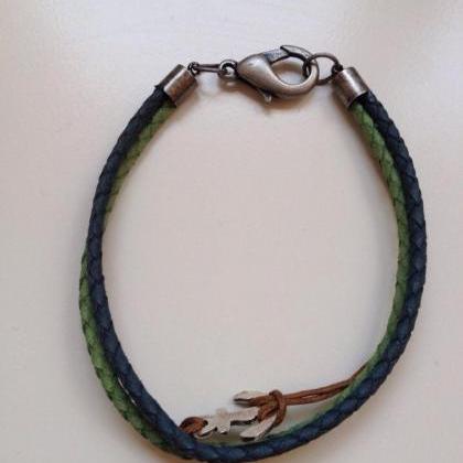 Men Bracelet 175- leather braid gre..