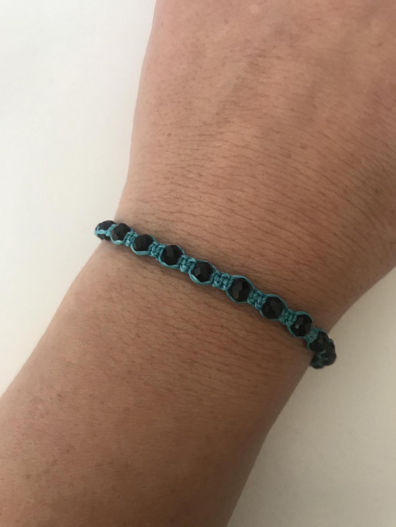 Macrame Bracelet 364- Friendship Kabbalah Blue Bracelet Adjustable Black Crystal Beads Perfect Gift