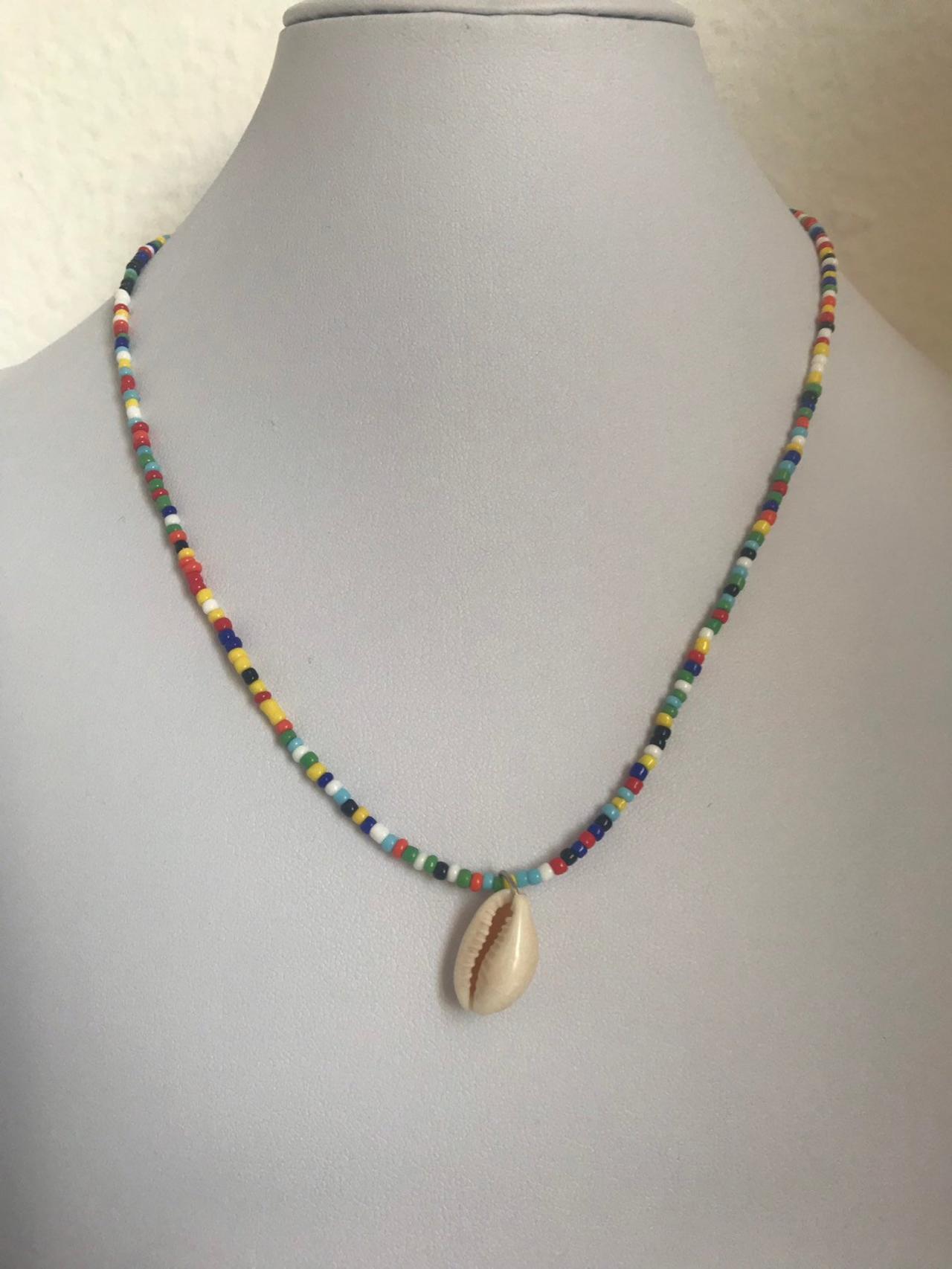 Shell Necklace 359- Colorfully Beaded Shell Necklace Friendship Summer Jewelry Colorful Happiness Boho Chic