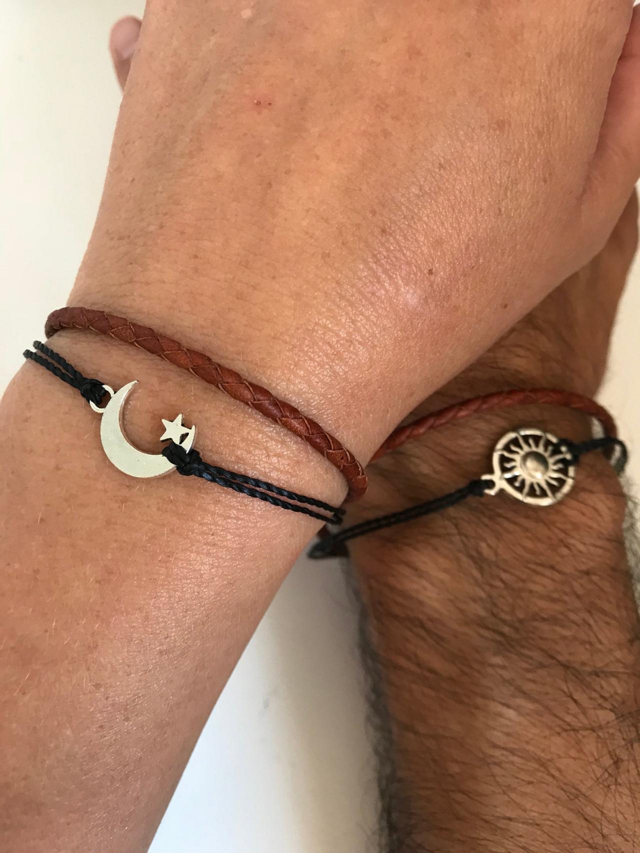 Men Women Couples Bracelets 345- Sun And Moon Friendship Love Cuff Silver Charm Bracelet Leather Braid Gift Adjustable Current Trendy