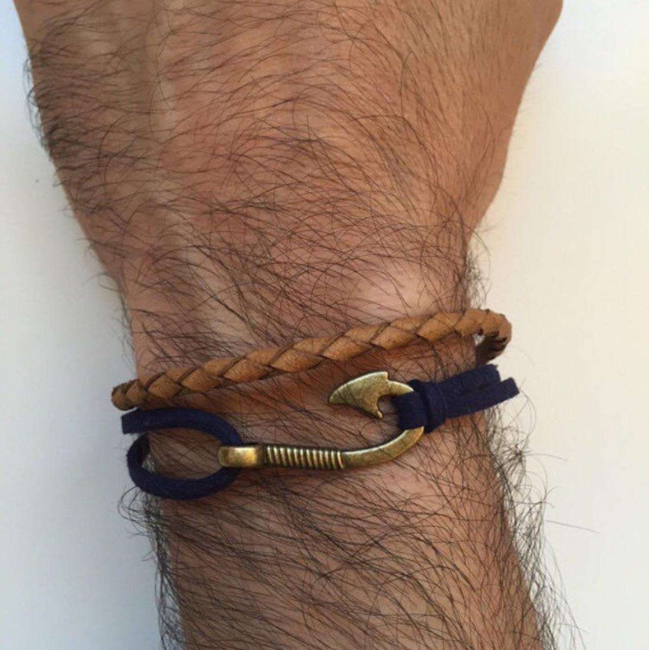 Men Bracelet 319- Men Jewelry, Genuine Leather Faux Suede Fish Hook Charm Brown Blue Navy Trendy Friendship Cuff Bracelet Gift Adjustable Current