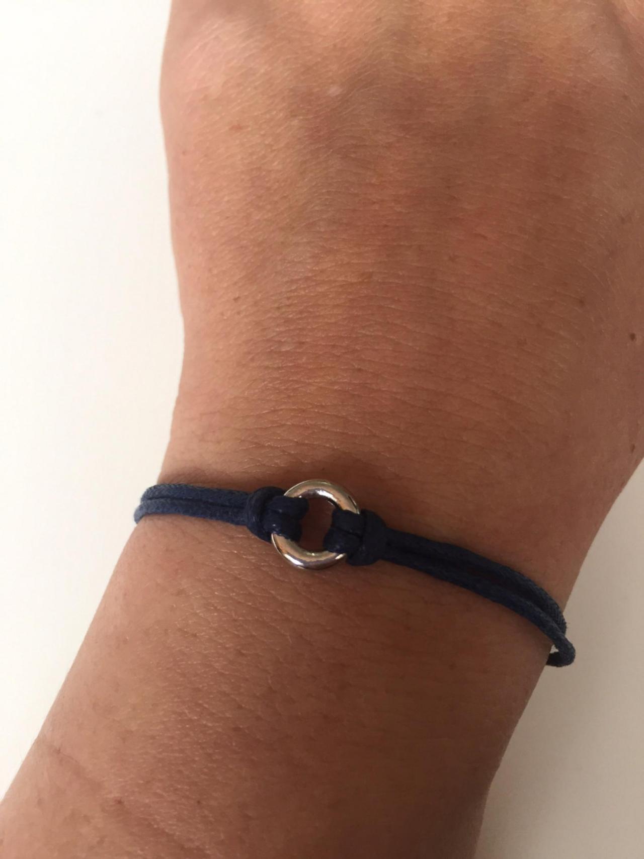 Blue Waxed Cotton Bracelet 312- Rocker Friendship Metal Ring Waxed Cotton Bracelet Gift Adjustable Current Womenswear Unique Innovative