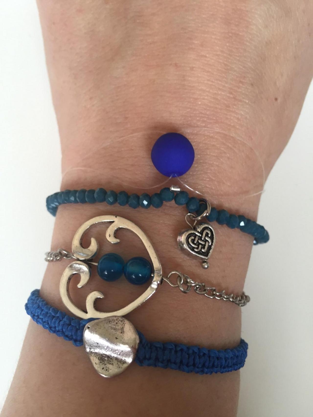 Pack Bracelet 303 -blue faith friendship heart sign macrame beads alloy silver metal chain