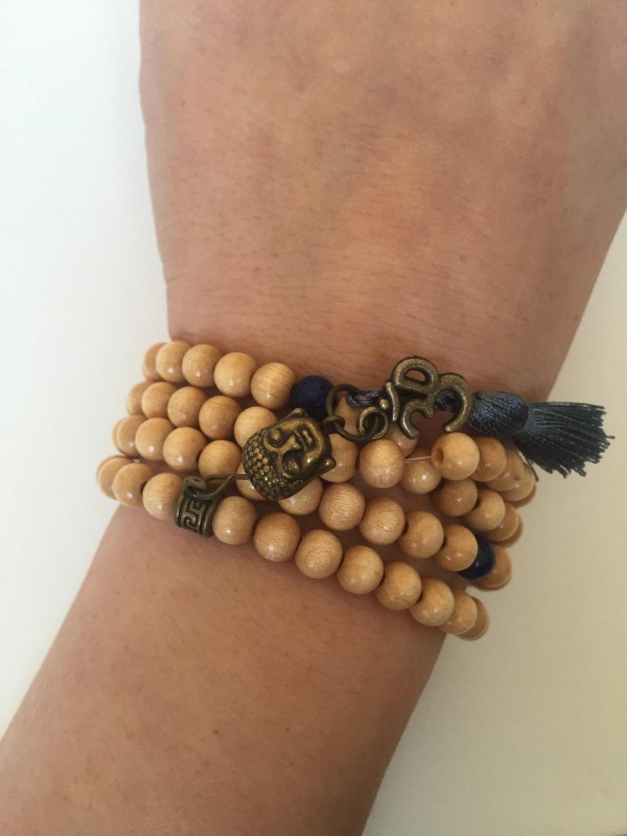 108 Mala Bracelet 296- Yoga Buddha Ohm Mala Bracelet Necklace Wood Beads Spiritual