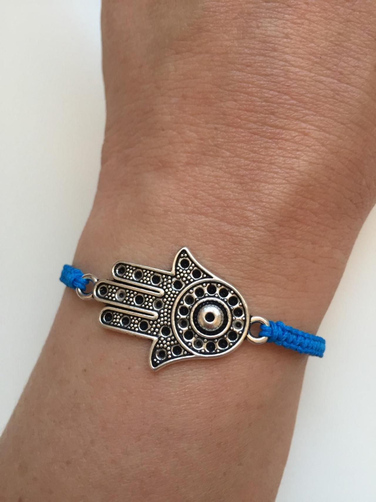 Hamsa Macrame Bracelet 231- Hand Of Fatima Kabbalah Friendship Cuff Bracelet Blue Cord Gift Adjustable Current Womenswear Innovative