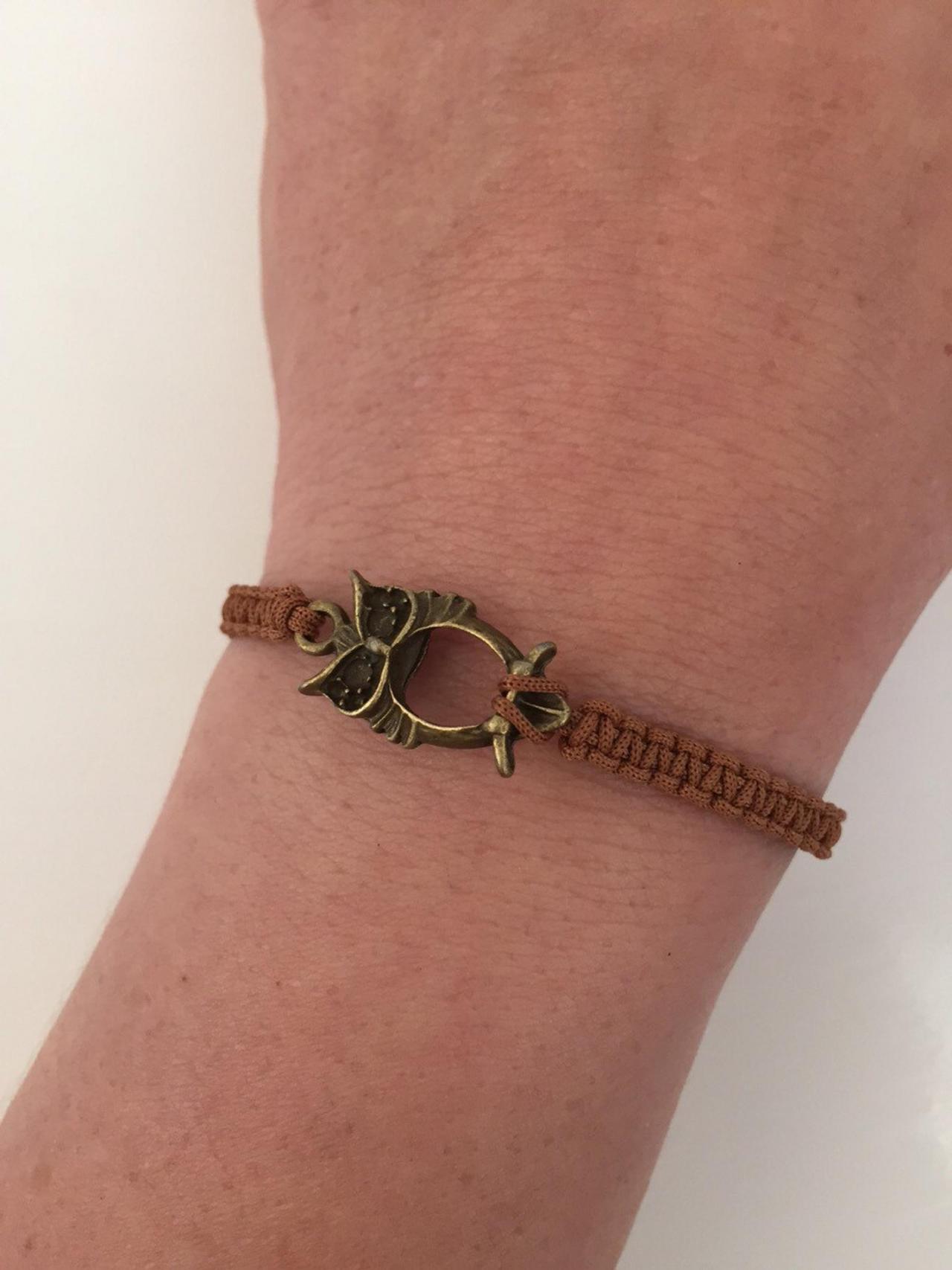 Owl Macrame Bracelet 239- owl kabbalah friendship cuff bracelet brown alloy metal bronze beads gift adjustable current