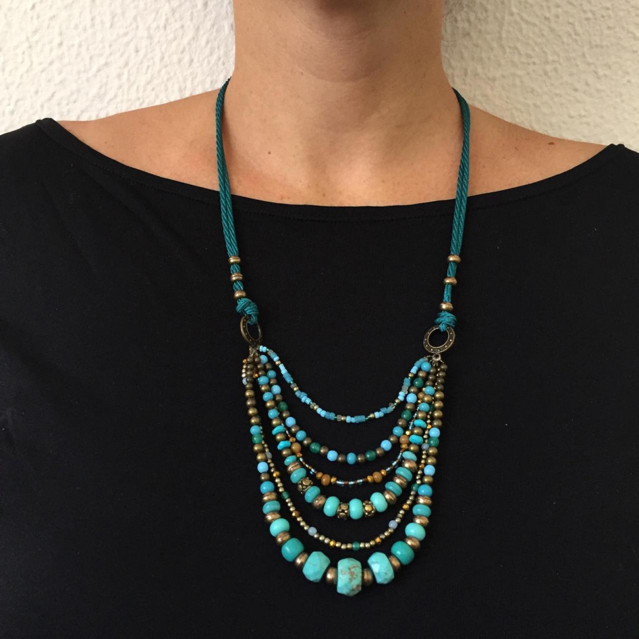 Boho Necklace 253- Turquoise Beaded Bohemian Aged Gold Boho Chic Jewelry Necklace
