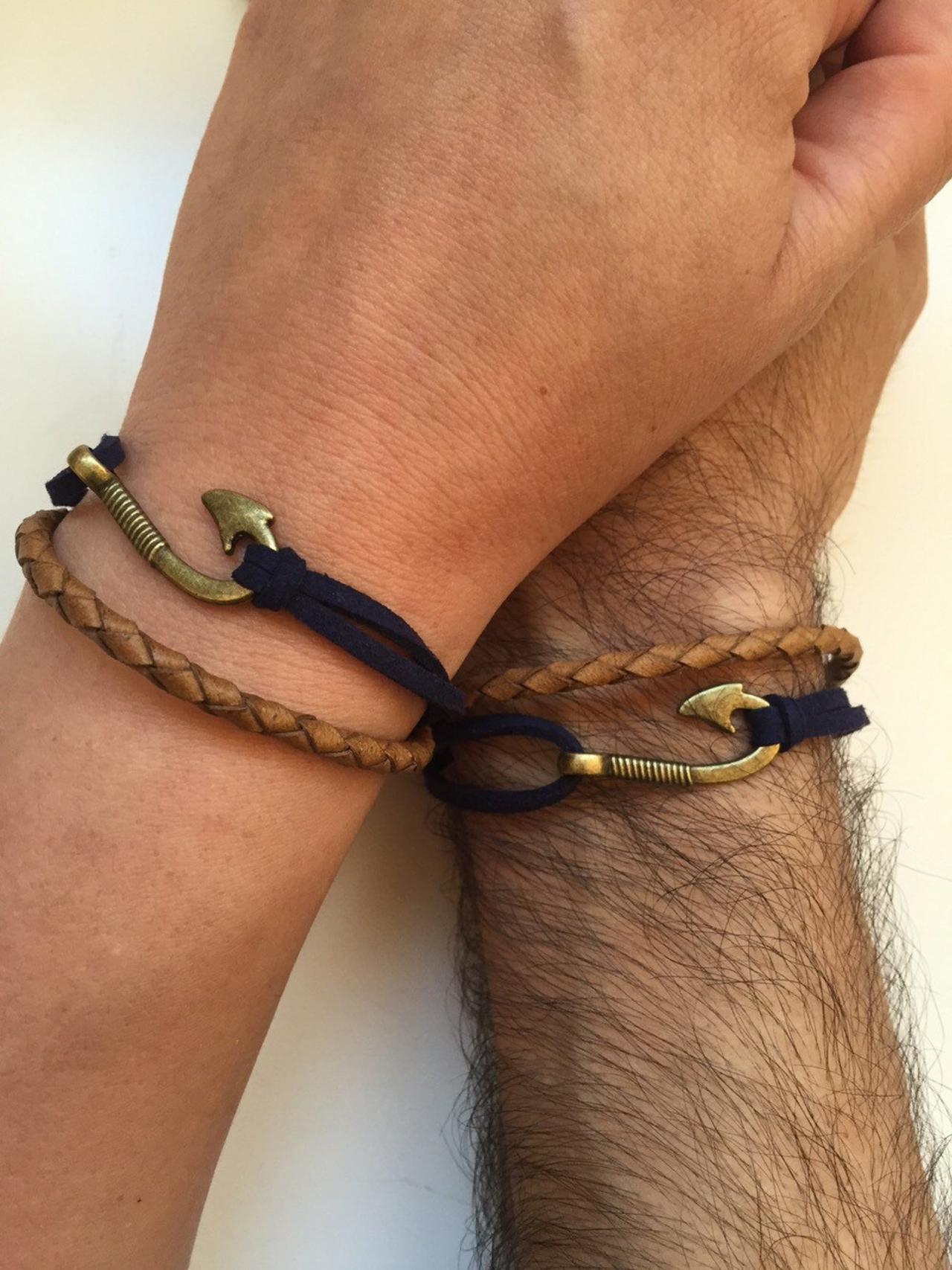 Couples Men And Women Bracelets 198- Friendship Love Cuff Fish Hook Bracelet  Leather Braid Gift Adju on Luulla