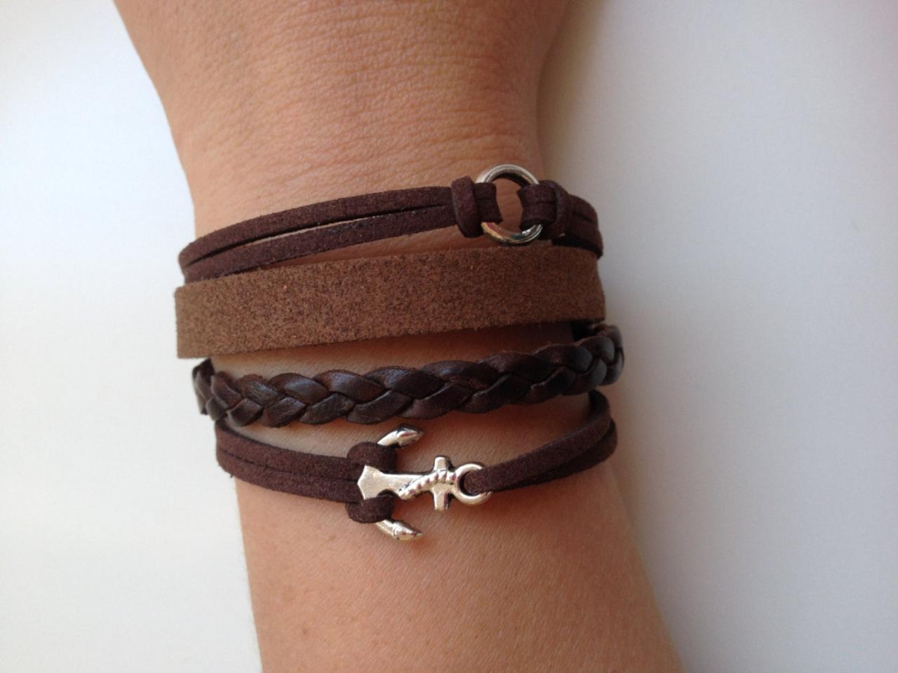Anchor Leather Bracelet 3 - Friendship Cuff Anchor Bracelet Brown Leather Braid Gift Adjustable Current Womenswear Unique Innovative