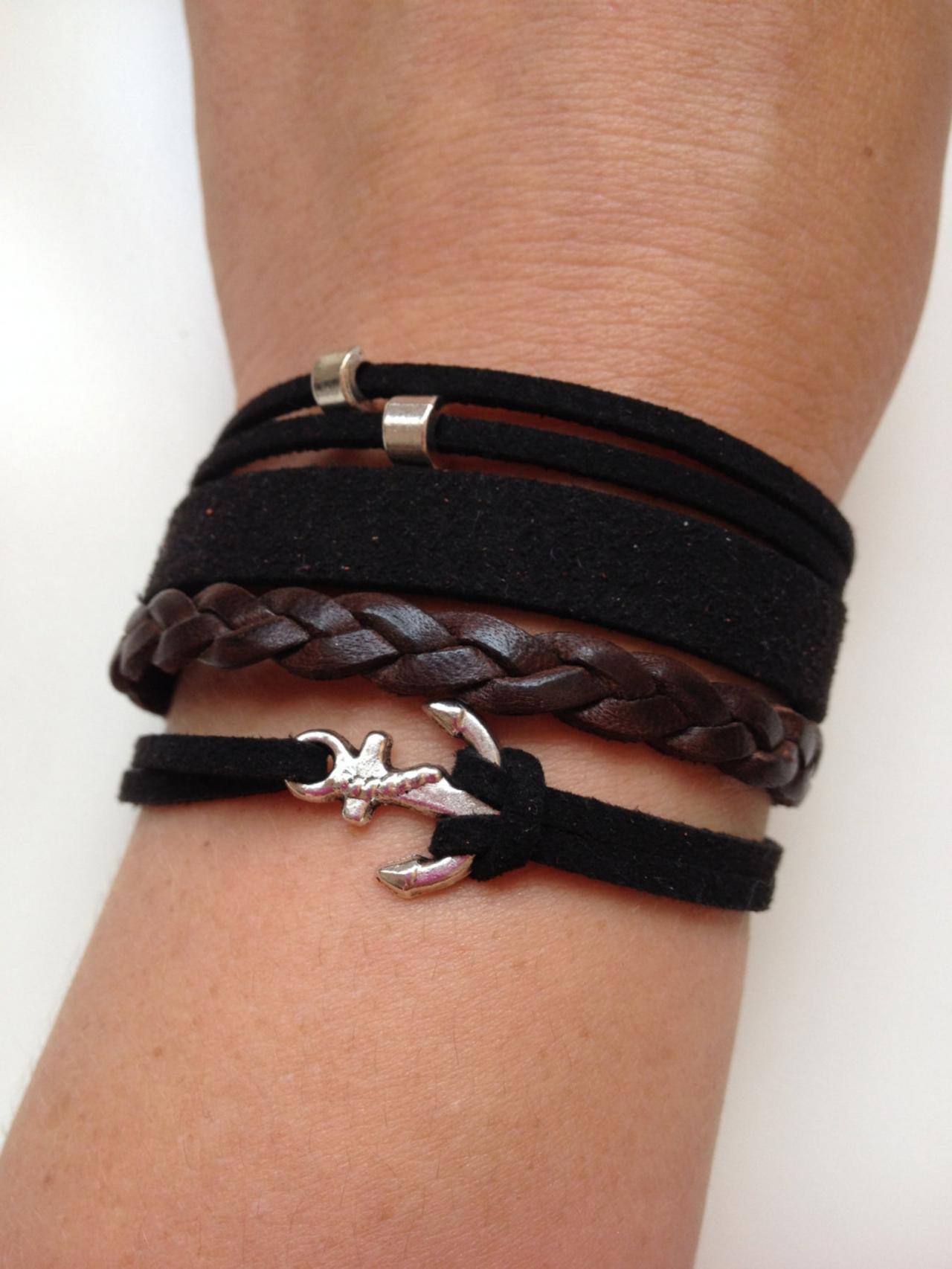 Leather Bracelet 34 - friendship cuff anchor bracelet brown black leather braid gift adjustable current womenswear unique innovative