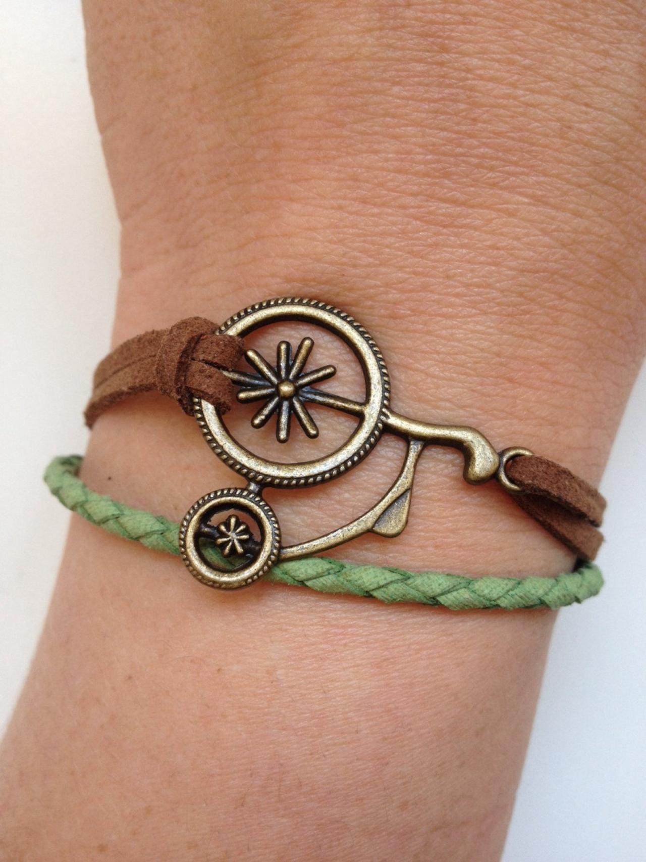 Leather Bracelet 137- Friendship Cuff Old Bicycle Bracelet Brown Green Leather Braid Gift Adjustable Trendy Womenswear Unique Innovative