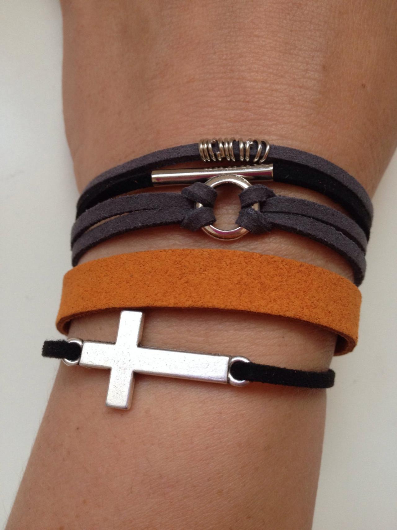 Cross Faux Suede Bracelet 59 - Faith Friendship Rocker Cuff Cross Bracelet Black Orange Rings Gift Adjustable Current Womenswear Unique