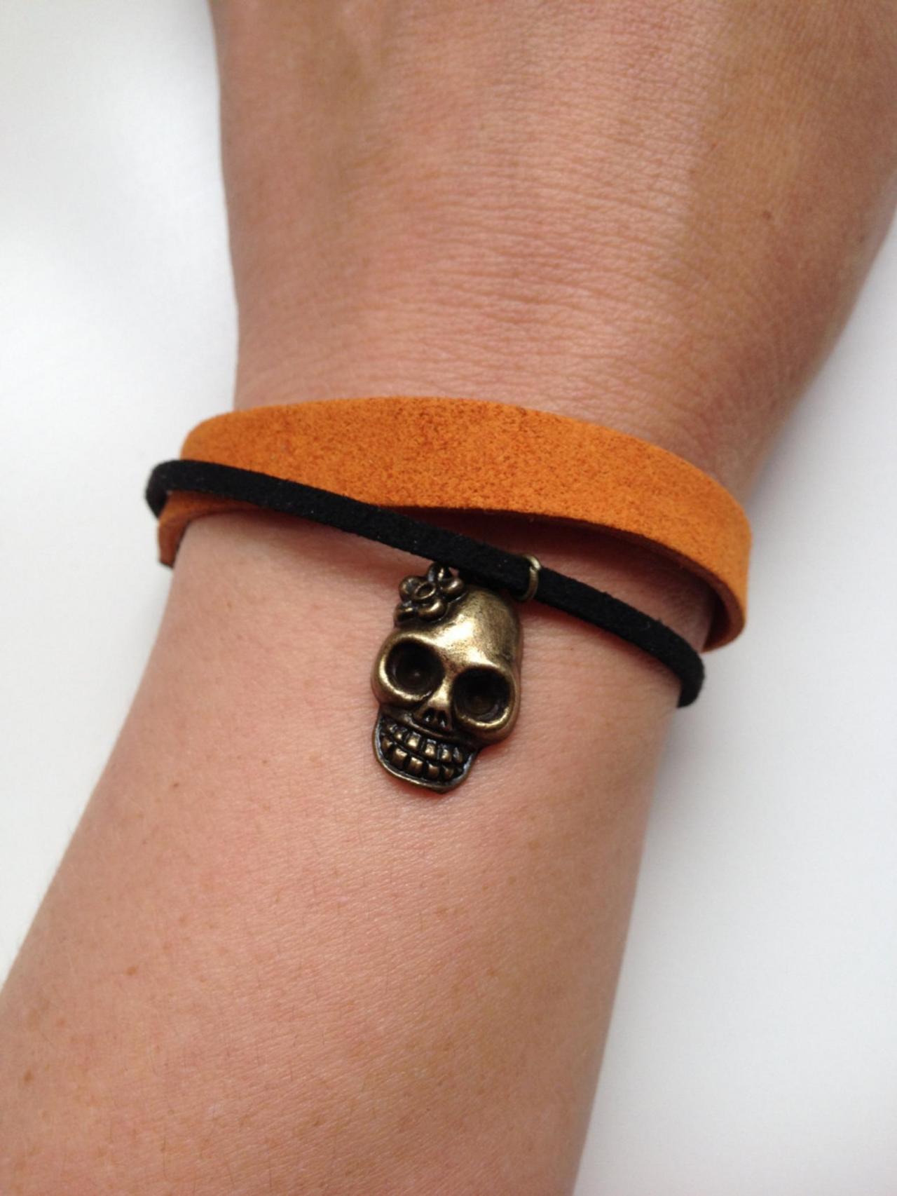 Skull Bracelet 58- Rocker Friendship Cuff Faux Suede Bracelet Gift Adjustable Current Womenswear Unique Innovative Creative