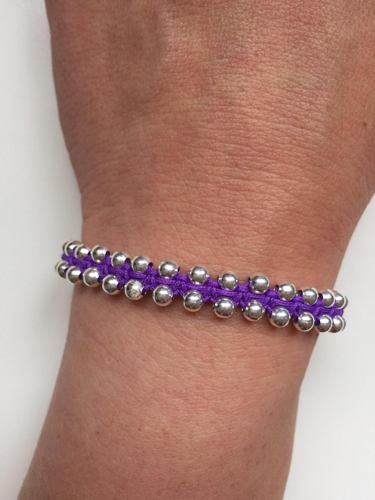 Macrame Bracelet 228- Kabbalah Friendship Cuff Bracelet Purple Alloy Metal Silver Beads Gift Adjustable Current Womenswear Innovative