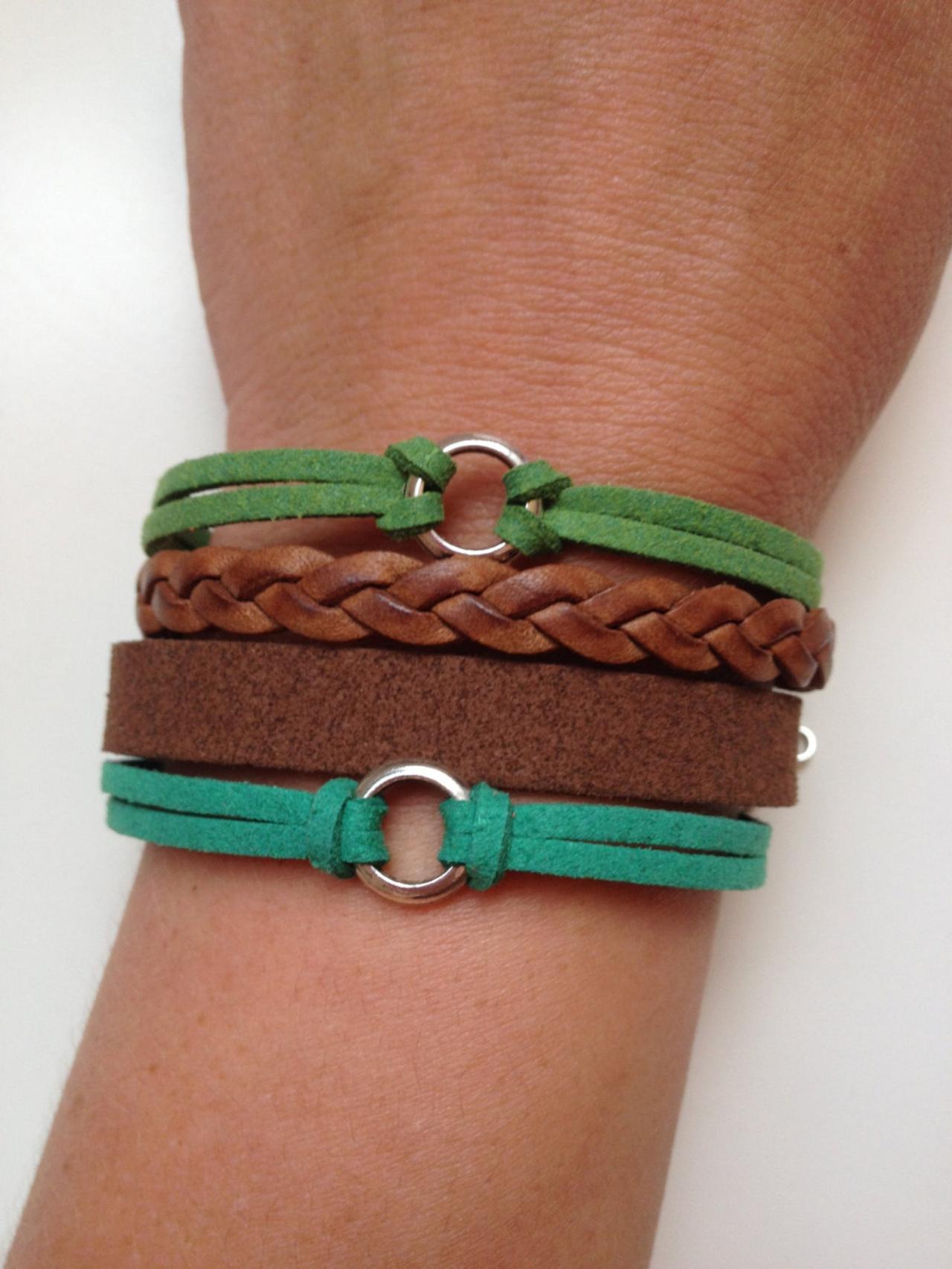 Leather Bracelet 35 - Friendship Cuff Rings Bracelet Brown Green Leather Braid Gift Adjustable Current Womenswear Unique Innovative