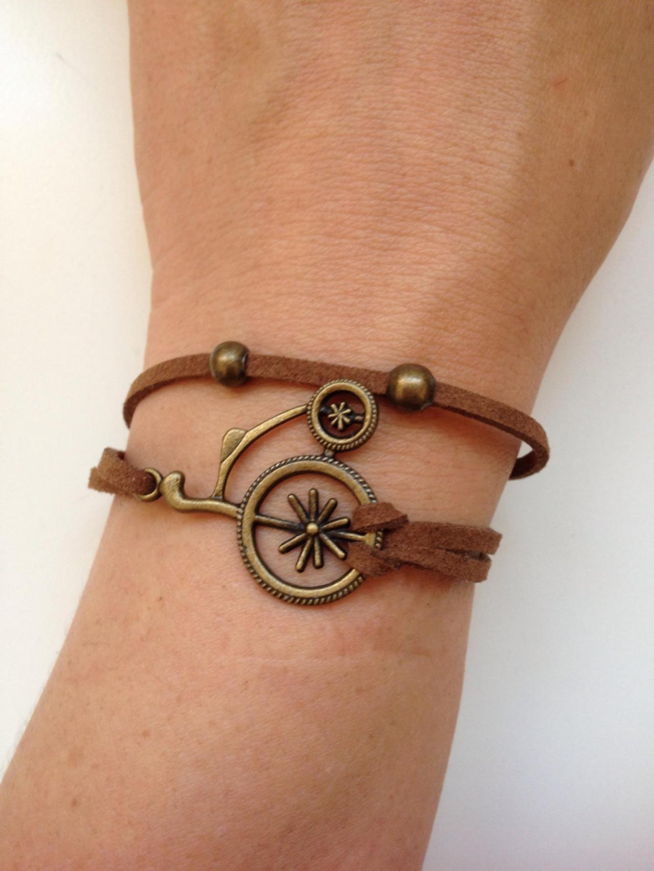 Bicycle Faux Suede Bracelet 42 - Friendship Cuff Bracelet Brown Old Bicycle Gift Adjustable Current Womenswear Unique