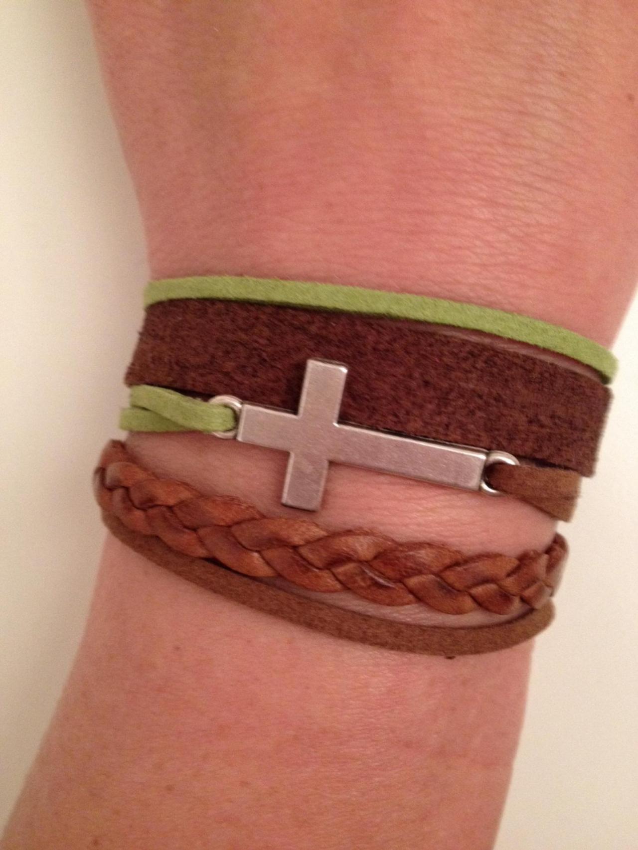 Cross Leather Bracelet 21 - faith friendship cuff cross bracelet brown green leather braid gift adjustable current womenswear unique
