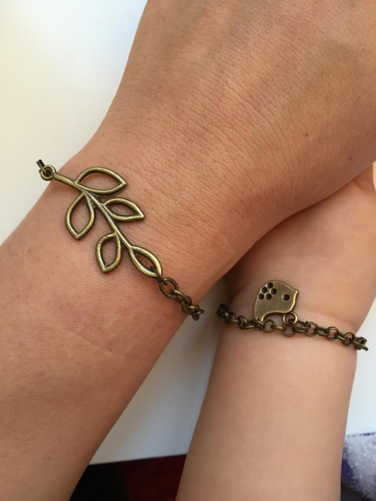 Mother Daughter Bracelets 204- Love Motherhood Bronze Chain Bird Bracelet Gift Adjustable Lovely Filigree Tree Five Leaves Leaf Charm