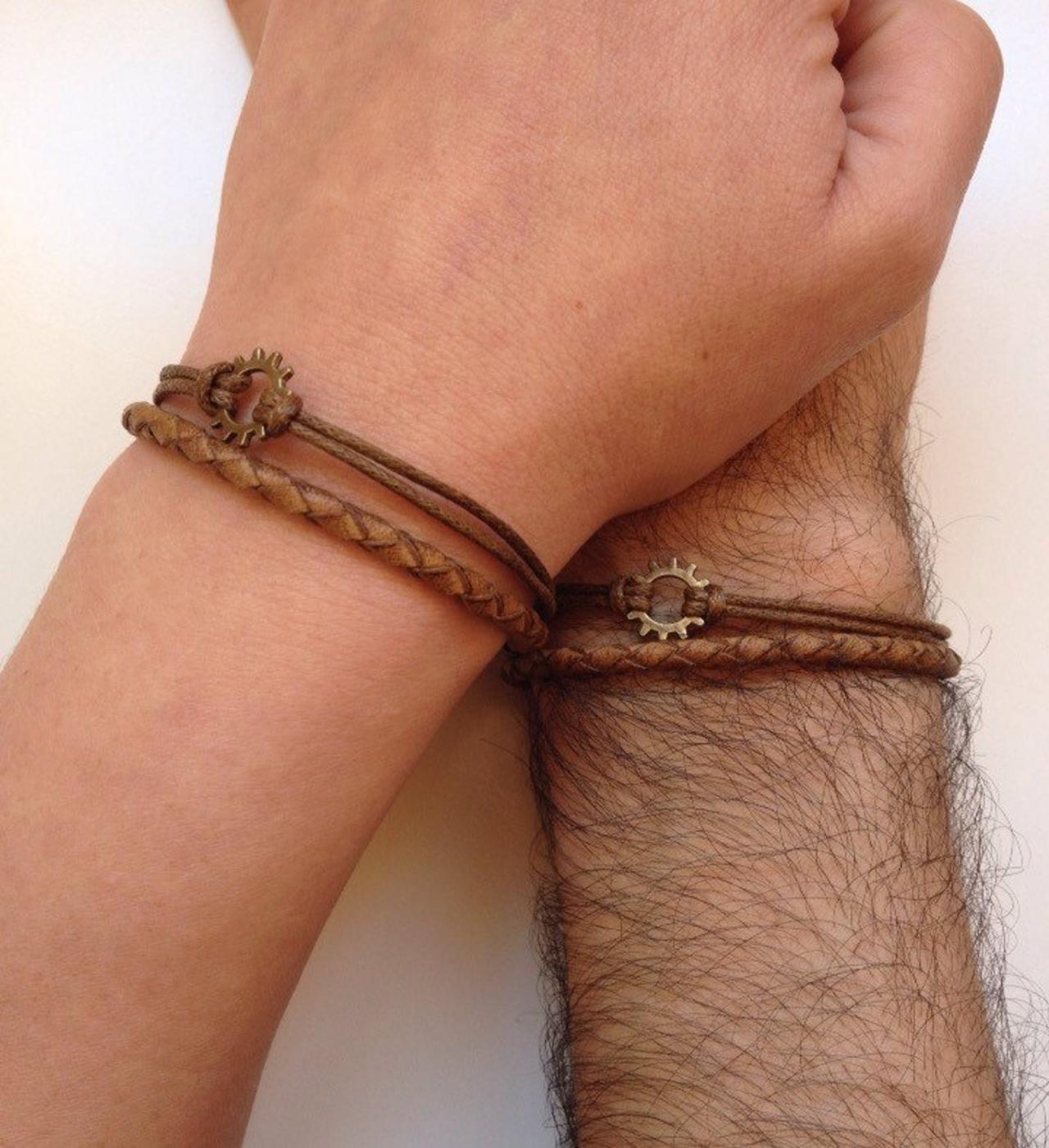 Couples Bracelets 184- Friendship Love Cuff Steampunk Bronze Gear Charm Bracelet Leather Braid Gift Adjustable Current Trendy Innovative