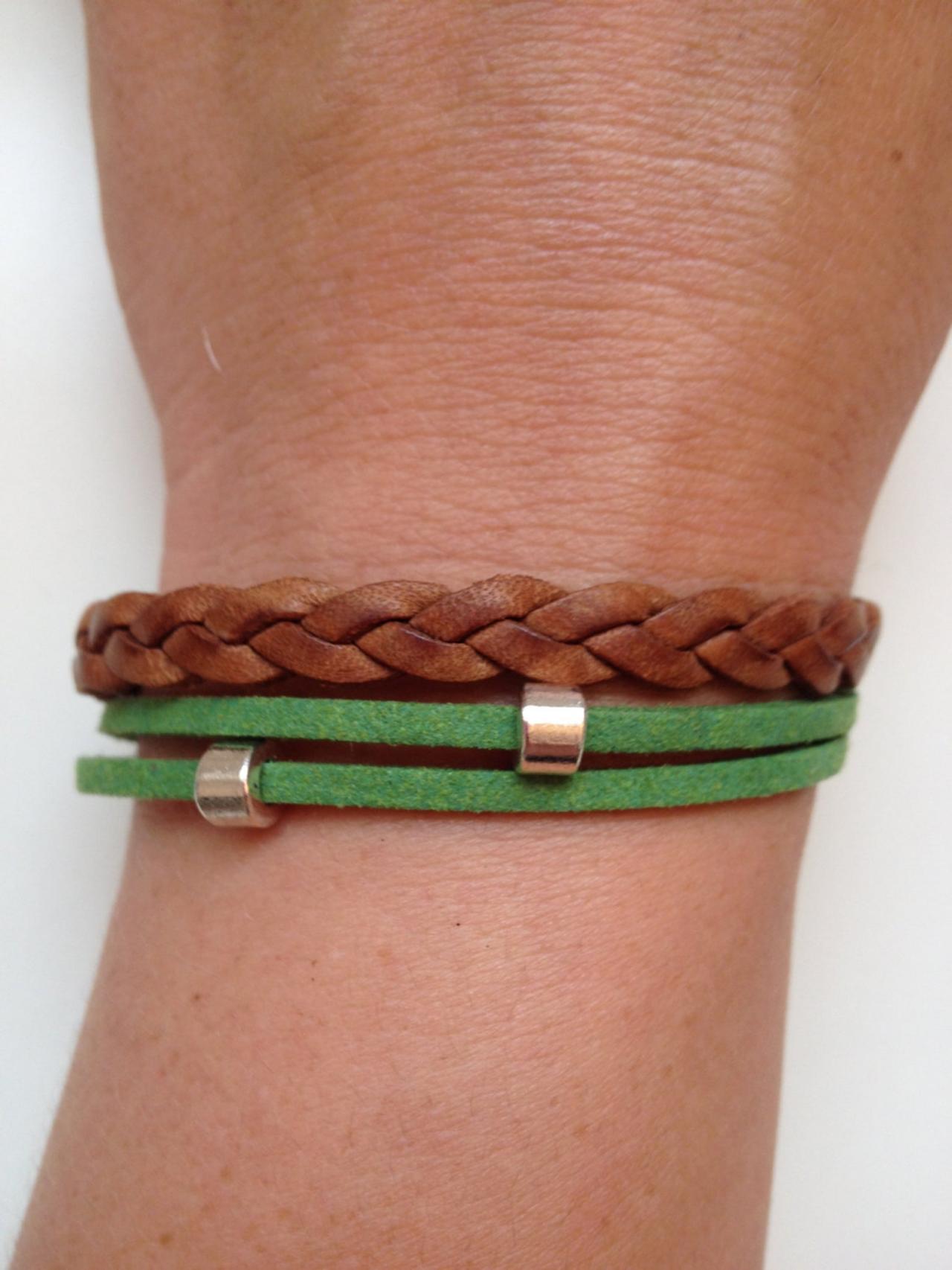 Leather Bracelet 30 - Friendship Cuff Ring Bracelet Brown Green Leather Braid Gift Adjustable Current Womenswear Unique Innovative