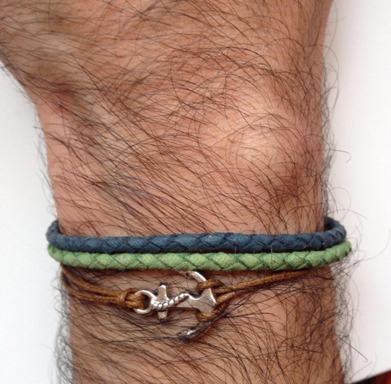 Men Bracelet 175- leather braid green blue anchor charm trendy friendship cuff bracelet gift adjustable current unique