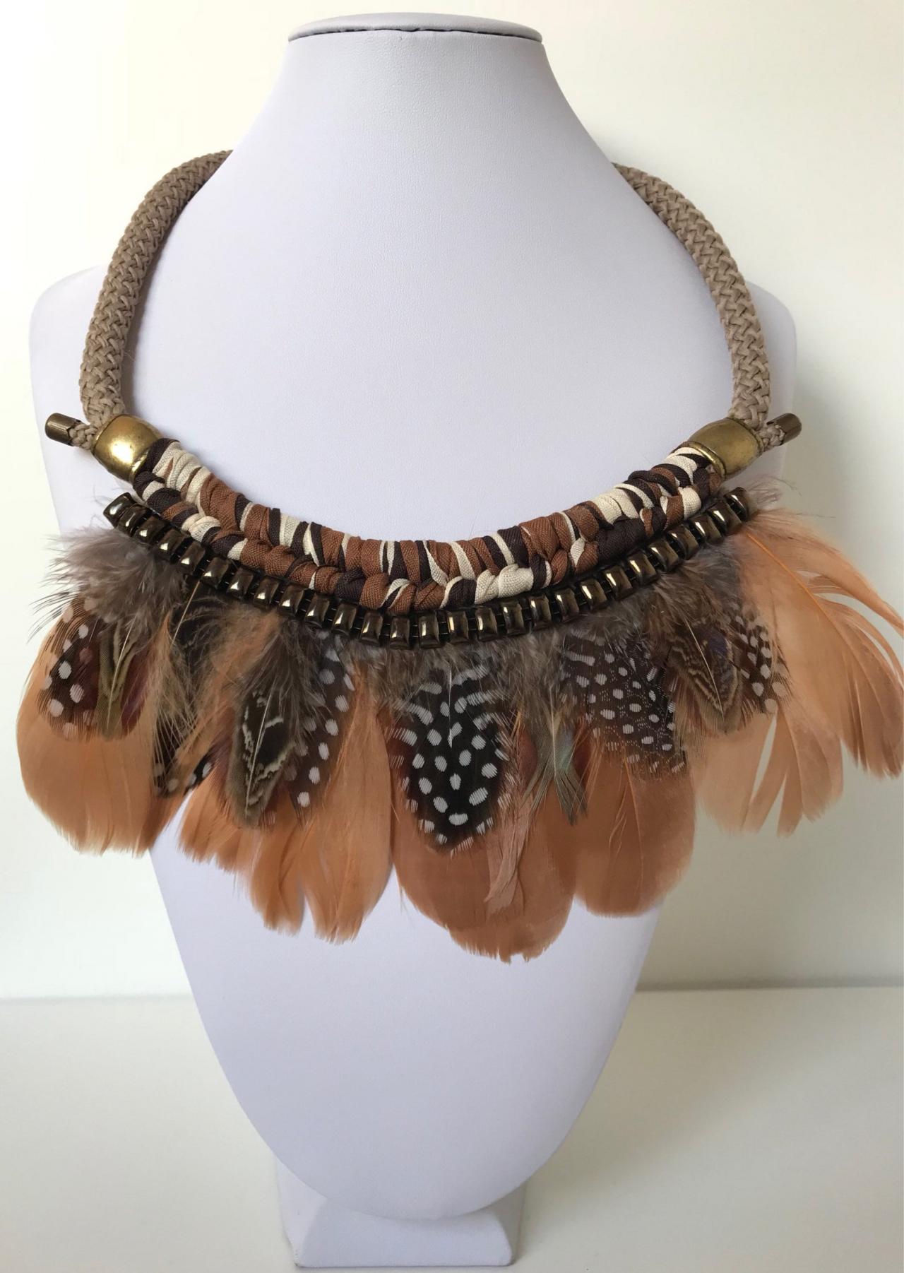 Feathers Necklace 263- Brown Goose Feathers Aged Gold Boho Chic Jewelry Necklace Gift