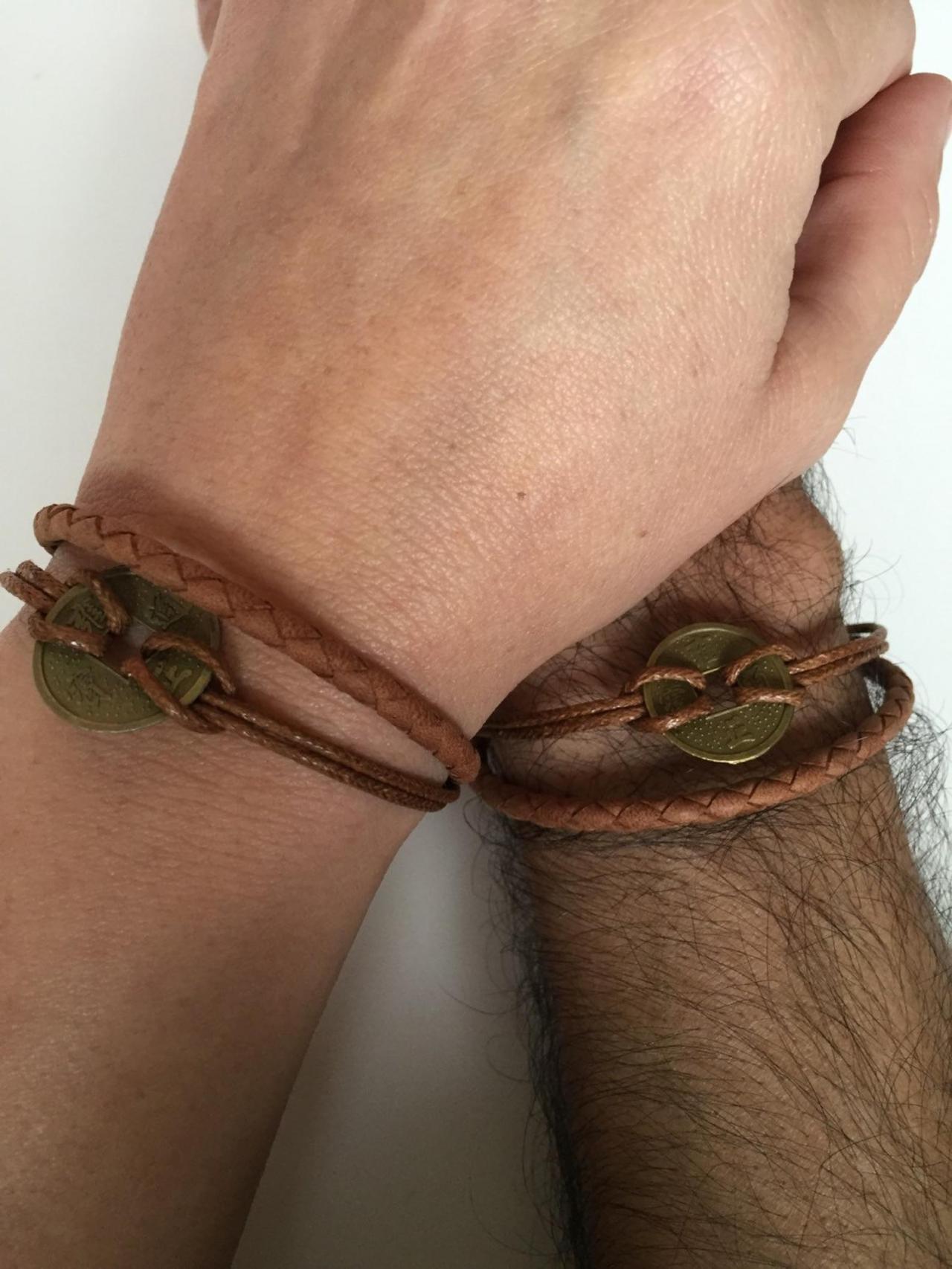 Couples Bracelets 215- Friendship Love Cuff Bronze Chinese Charm Bracelet Leather Braid Gift Adjustable Current Trendy Innovative