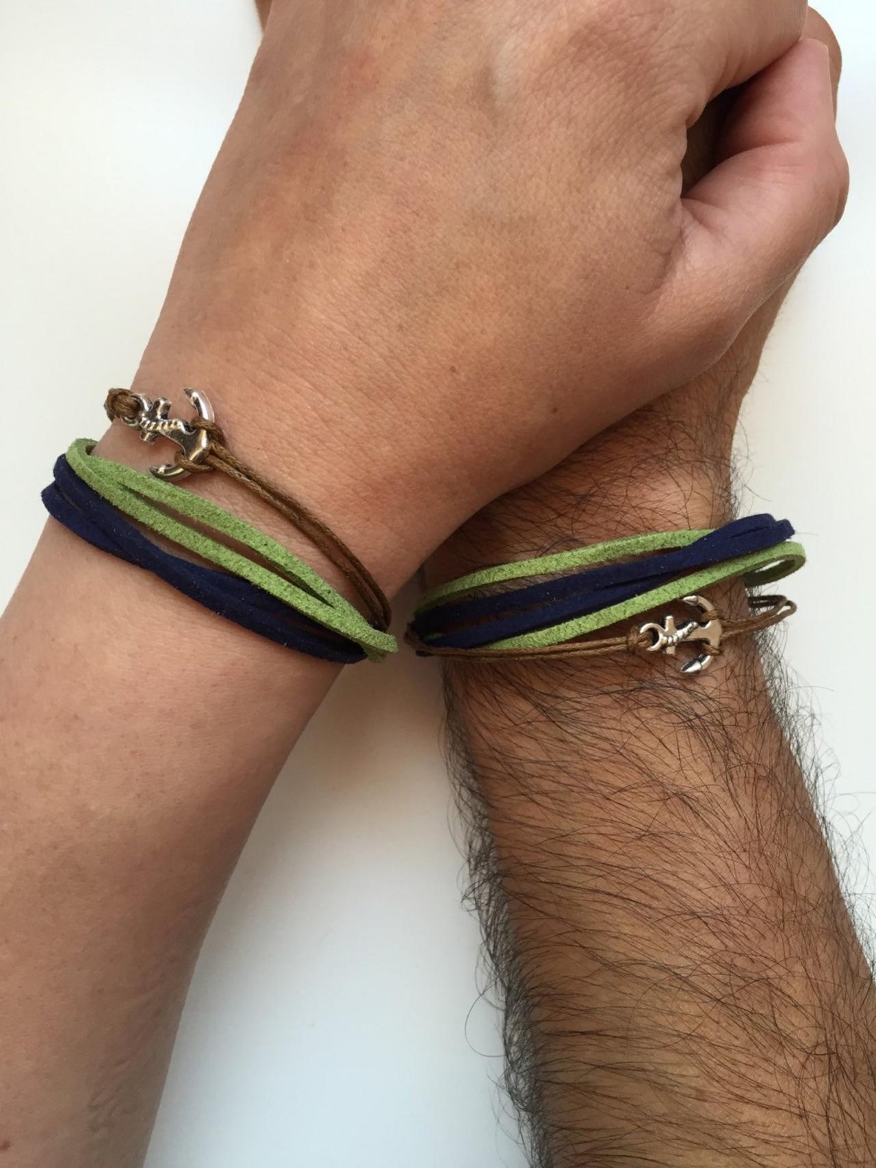 Couples Men Women Bracelets 220- friendship love cuff anchor charm bracelet green blue navy faux suede gift adjustable trendy