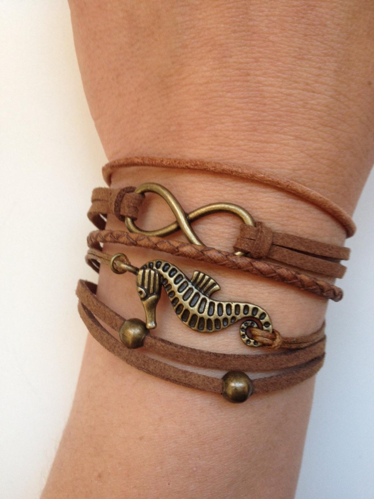 Infinity Bracelet 119 - Sea Horse Infinity Charm Brown Balls Friendship Bracelet Faith Cuff Real Leather Gift Adjustable