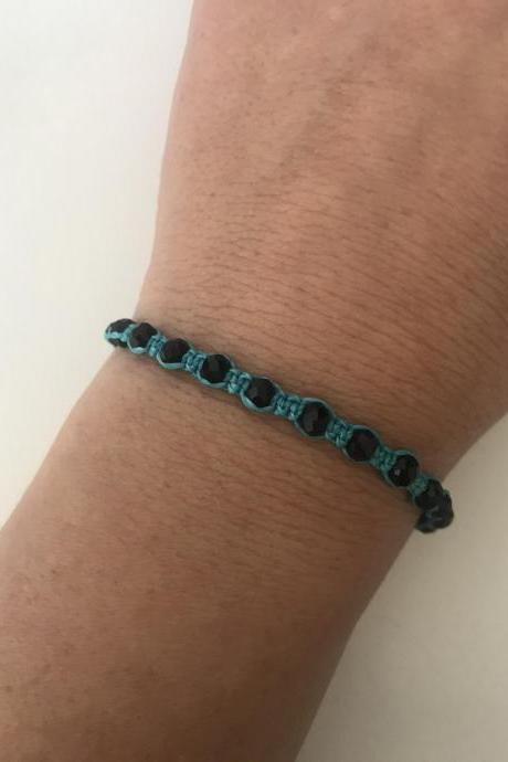 Macrame Bracelet 364- Friendship Kabbalah Blue Bracelet Adjustable Black Crystal Beads Perfect Gift
