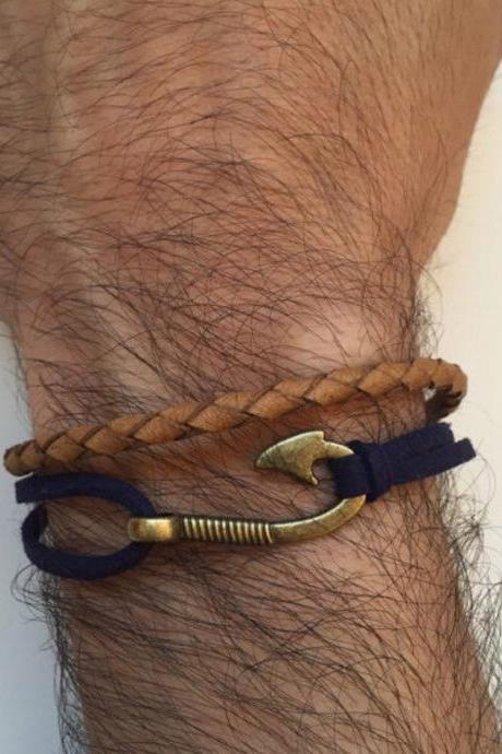 Men Bracelet 319- men jewelry, genuine leather faux suede fish hook charm brown blue navy trendy friendship cuff bracelet gift adjustable current