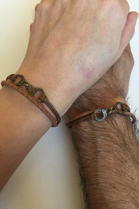 Couples Bracelets 317- Men women bracelet jewelry, friendship love cuff bronze handcuffs charm bracelet leather braid gift adjustable boyfriend girlfriend bracelets