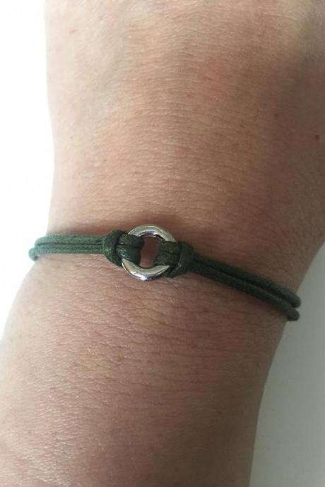 Green Waxed cotton Bracelet 311- rocker friendship metal ring waxed cotton bracelet gift adjustable current womenswear unique innovative