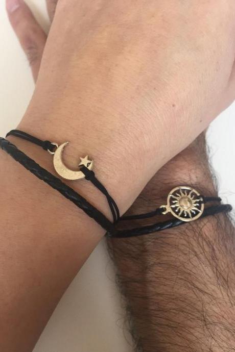 Men Women Couples Bracelets 298- Friendship Love Cuff Silver Moon And Sun Leather Anniversary Gift Adjustable Matching Bracelet Long Distance