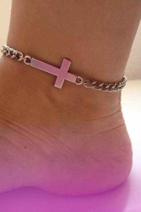 Cross chain Anklet 28- faith friendship rocker metal chain anklet cross gift adjustable current womenswear unique innovative