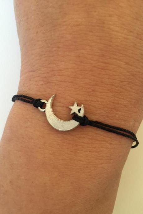 Moon Bracelet 281- friendship star moon Kabbalah charm waxed cord bracelet alloy silver lucky gift adjustable current womenswear trendy