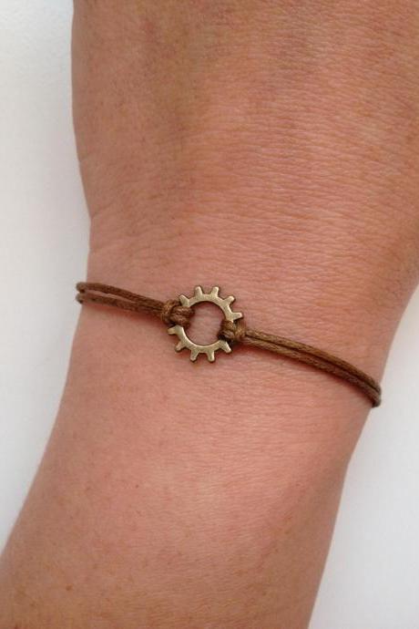 Gear Bracelet 143- friendship bronze charm steampunk waxed cotton bracelet gear gift adjustable current womenswear trendy