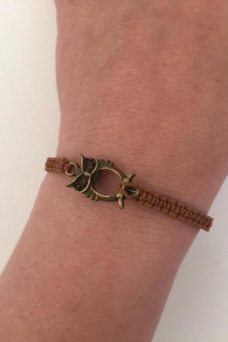 Owl Macrame Bracelet 239- Owl Kabbalah Friendship Cuff Bracelet Brown Alloy Metal Bronze Beads Gift Adjustable Current