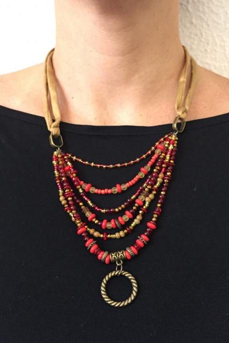 Karma necklace 254- red gold karma beaded bohemian aged gold boho chic jewelry necklace gift