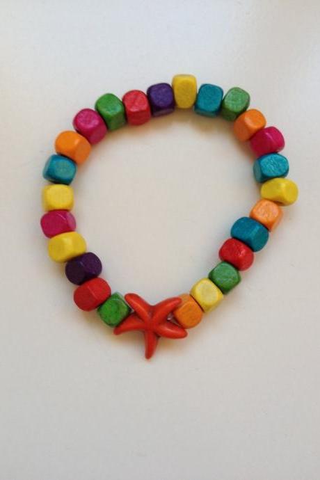 Little Girl Bracelet 150- Starfish Little Girl Fashion Wood Beads Rainbow Color Jewelry For Kids